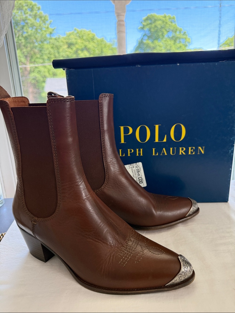 Polo Ralph Lauren Brown Leather Western Chelsea Boots with Silver Toe Sz 7.5B
